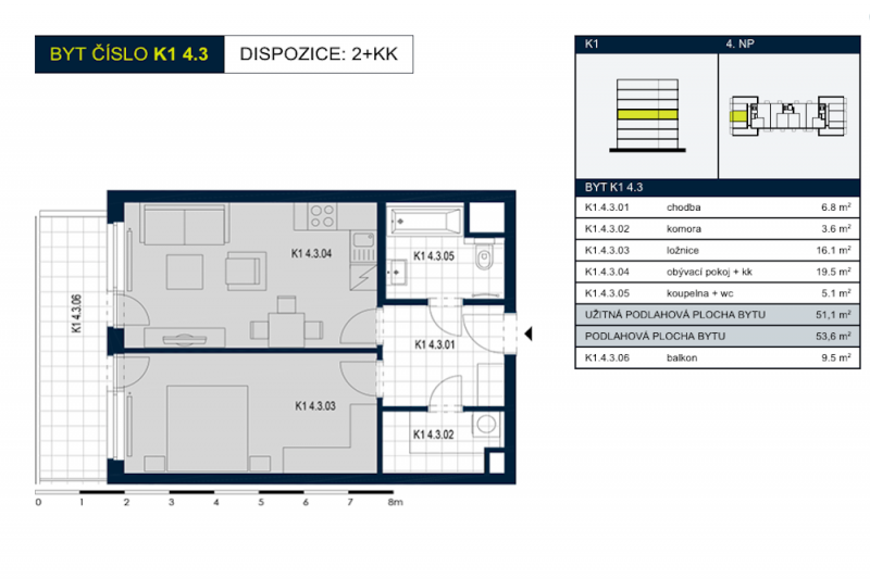 Byt 2+kk, 53.6m2, Kolbenova