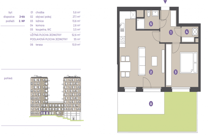 Byt 2+kk, 50 m2, Prosek