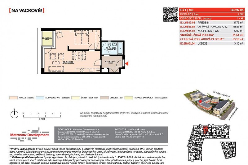 Квартира 2+kk, 53м2 , Na Vackově