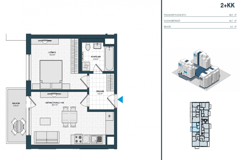 Квартира 2+кк, 48м2, Hloubětín