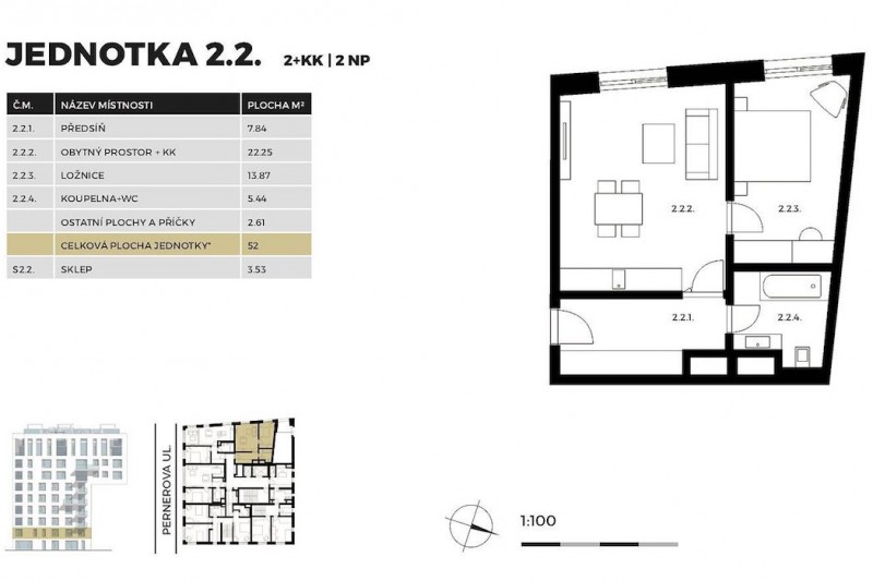 Квартира 2+kk, 52м2, Karlín