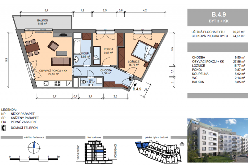 Квартира 3 + kk, 74,7м2, Smíchov