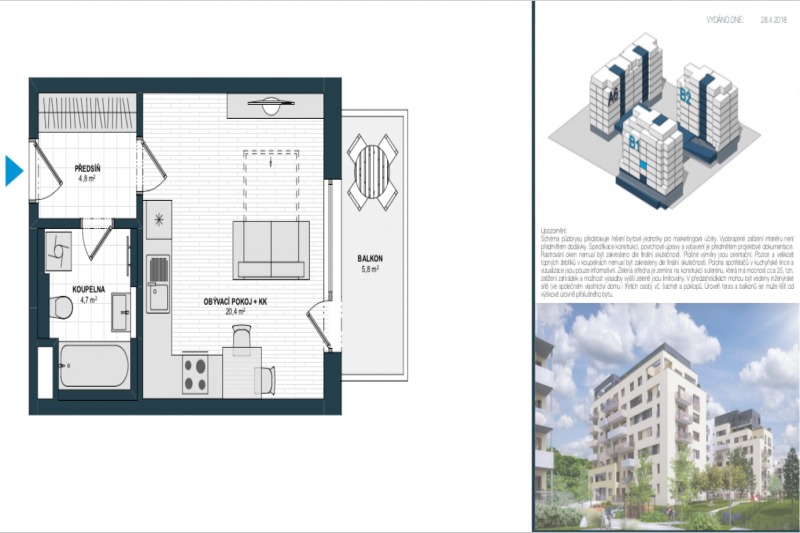 Квартира 1+kk, 32.2м2, Hloubětín