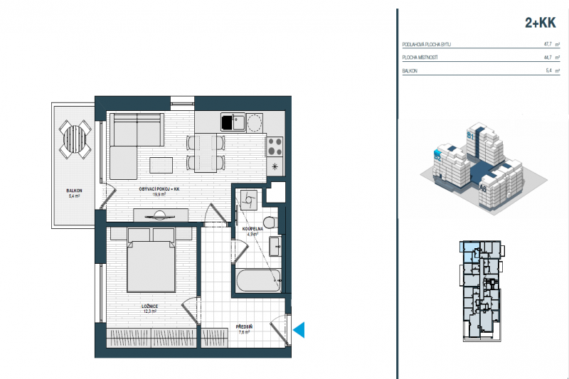 Квартира 2+кк, 48м2,Hloubětín