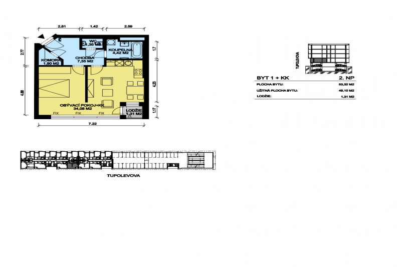 Квартира 1/2+кк, 53 м2, Letňany